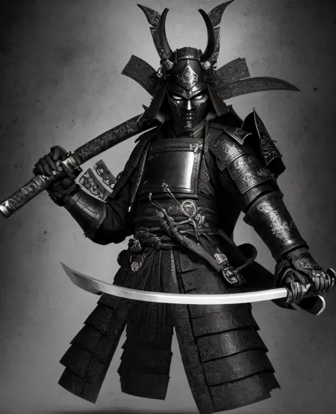a black and white samurai with a sword and helmet, demon samurai warrior, samurai chains ink undead, demon samurai, inspired by Kanō Hōgai, samurai warrior, inspired by Tōshūsai Sharaku, black bull samurai, japanese warrior, cyborg samurai, samurai with de...