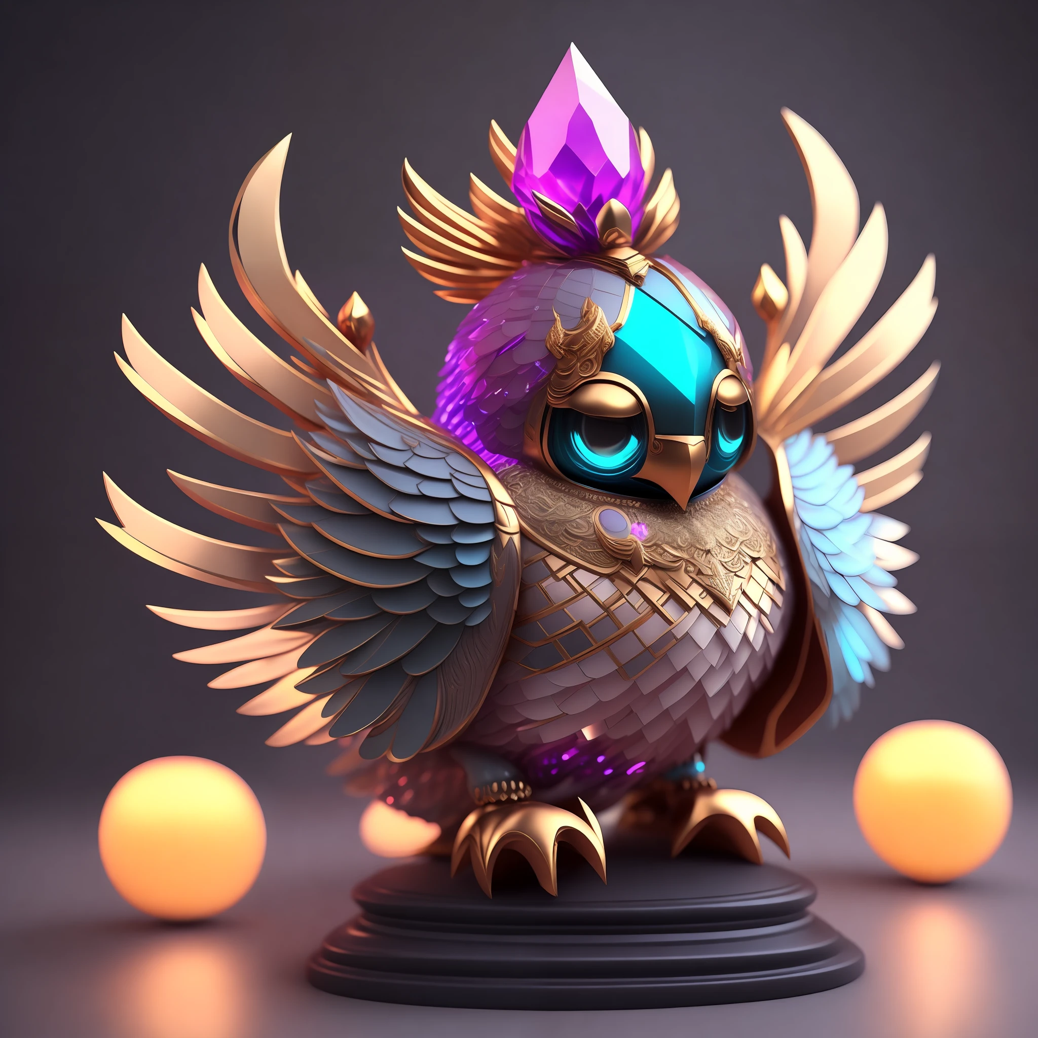 Photo of DivineStatue InkPunk (extra weapon), a cute little chubby phoenix, made of crystal balls, highly detailed complex concept art trend with low-poly eyes artstation 8k