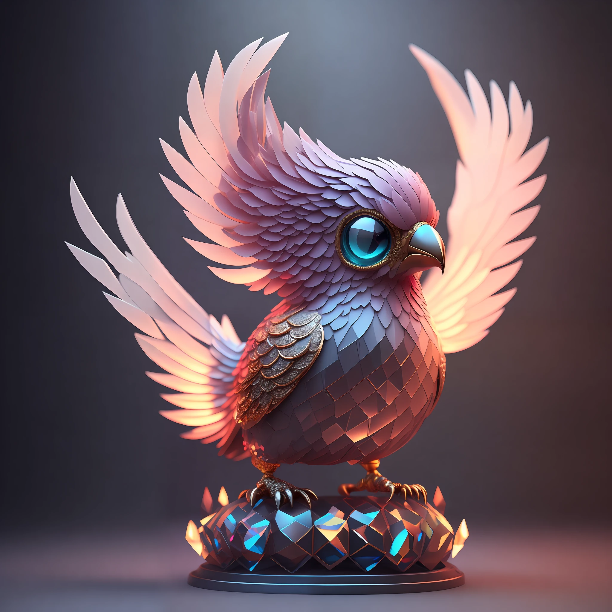 Photo of DivineStatue InkPunk (extra weapon), a cute little chubby phoenix, made of crystal balls, highly detailed complex concept art trend with low-poly eyes artstation 8k