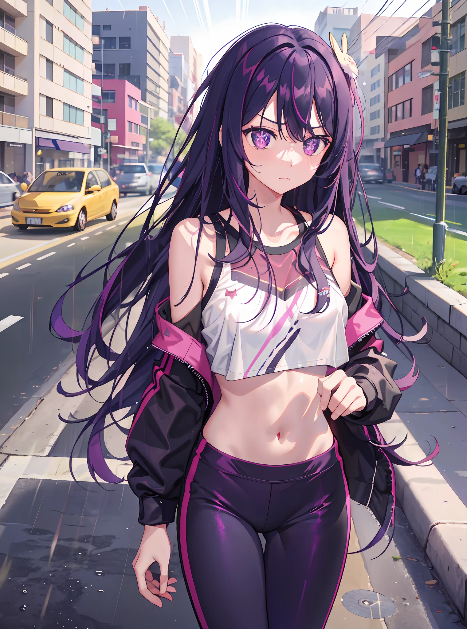 Anime girl with long purple hair walking down the street - SeaArt AI