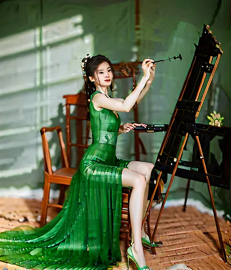 araffe woman in a green dress sitting on a chair in front of a easel, chinese artist, korean artist, stunning elegant pose, insp...