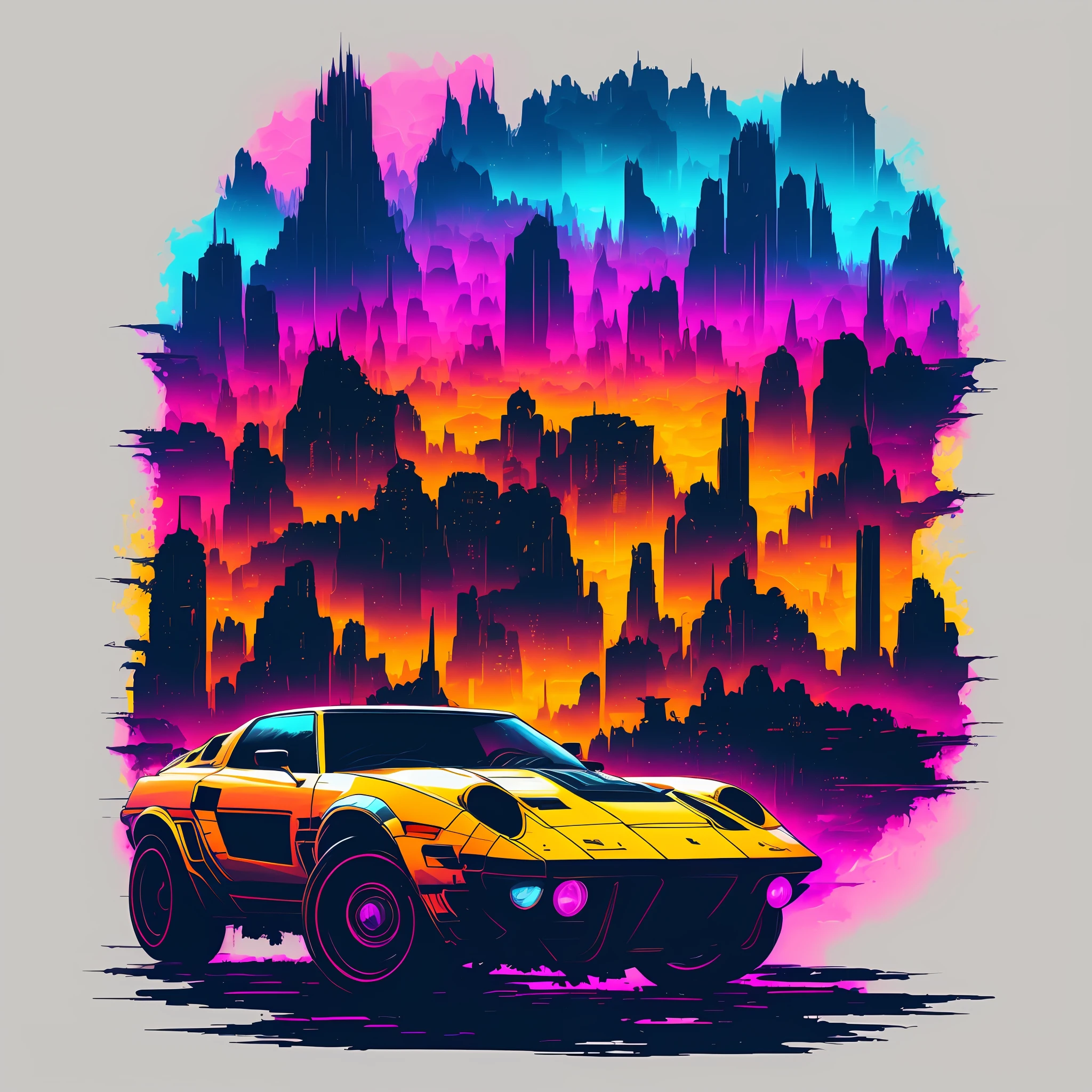 Car with cyberpunk style for t-shirt print, featuring a futuristic cyberpunk car design with vibrant neon colors. The scene depicts an urban cityscape at night, evoking a dark and mysterious atmosphere. The car design is inspired by H.R. Giger's artwork, showcasing intricate details and dynamic lighting. The artwork is created using digital painting techniques, ensuring high-definition quality and a realistic portrayal of the vehicle. The cyberpunk aesthetic is enhanced by the synthetic material used in the car's construction. The color scheme leans towards a pastel palette, adding a unique touch to the overall composition. The artwork is free from any watermark, signature, or low-resolution artifacts, allowing for a clean and visually appealing t-shirt print. The scene is a true masterpiece that captures the essence of cyberpunk on eye level, creating a scenic and captivating design.