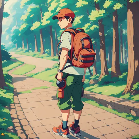 a cartoon of a man with a backpack and a backpack, pokemon trainer, pokemon trainer outfit, official character art, !!full body ...