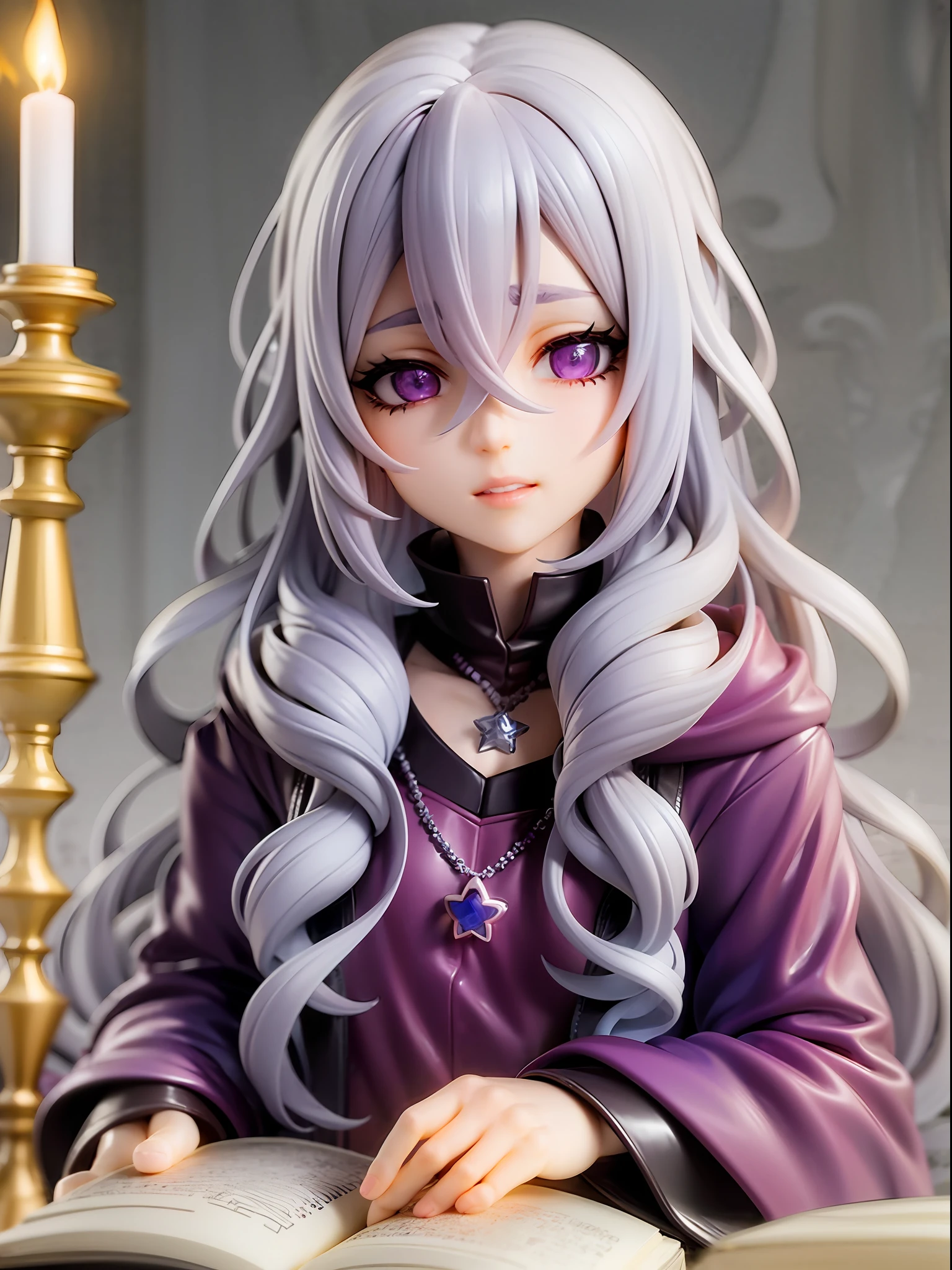 silver hair, long hair, wavy hair, purple theme, droopy eyes, cute face, wizard girl, reading magic book, star-shaped necklace, black and purple robe, old library background, candlelight,