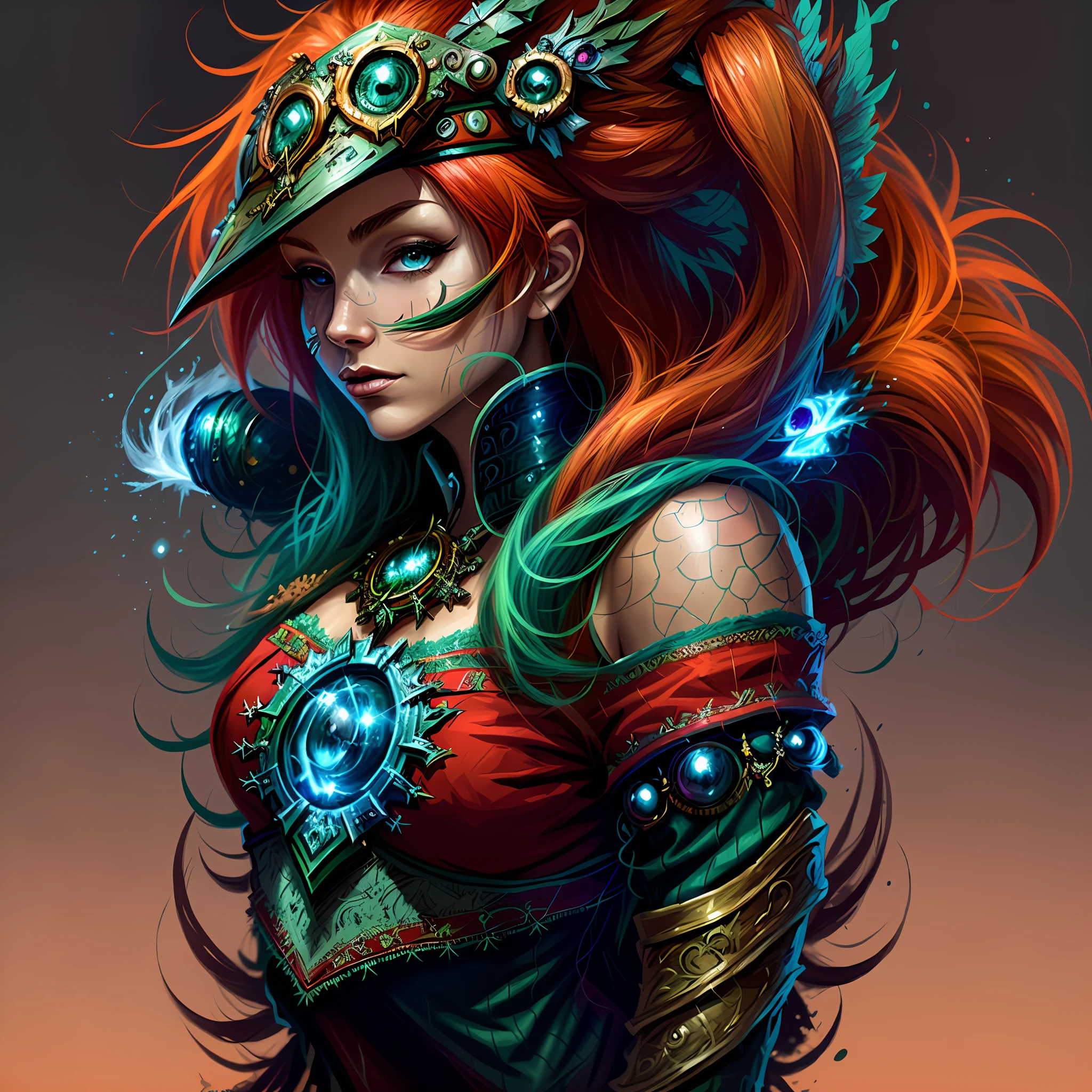 um close de uma mulher com cabelo ruivo e uma roupa verde e vermelha, Arte de personagens de fantasia, arte de personagem impressionante, arte de personagem épica e requintada, Conceito steampunk vívido, epic Arte de personagens de fantasia, Steampunk de ficção científica colorido, Arte de fantasia digital detalhada em 2D, artgerm julie bell beeple, arte estilo fantasia, epic arte estilo fantasia, arte digital de fantasia detalhada