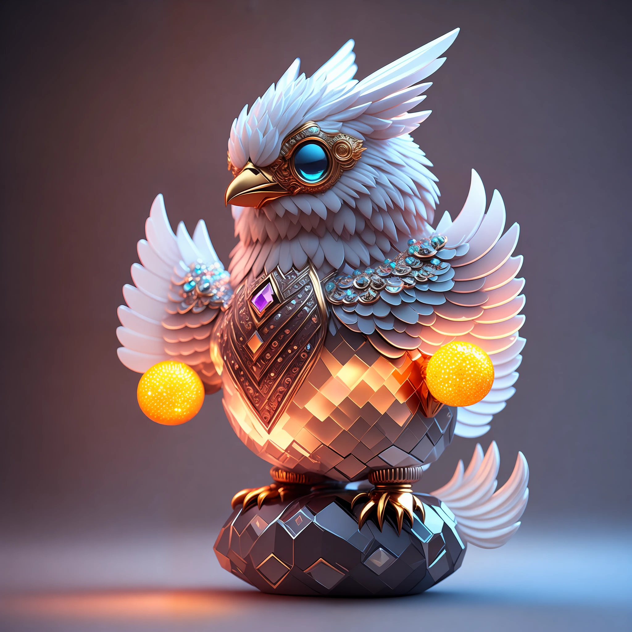 Photo of DivineStatue InkPunk (extra weapon), a cute little chubby phoenix, made of crystal balls, highly detailed complex concept art trend with low-poly eyes artstation 8k