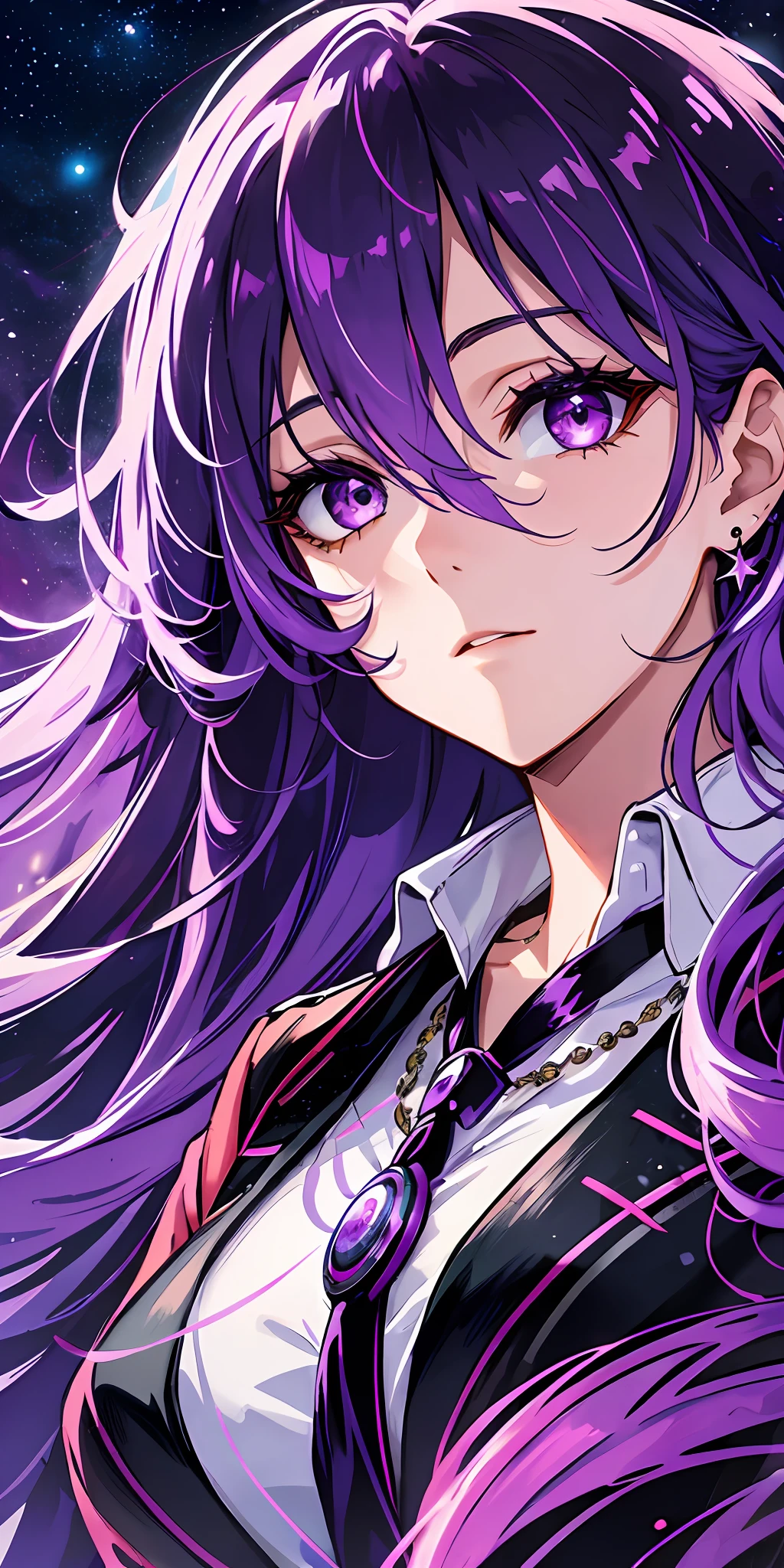 1girl, 20 years old，solo, red moon, moon, long hair, looking at viewer, purple eyes, bangs, upper body, full moon, closed mouth, night, sky, star (sky), purple hair, from side, breasts, looking to the side, night sky, purple hair, starry sky, eyelashes，purple eyes highres, highest quallity, illustration, ultra detailed, (detailed face), (detailed eyes), cinematic lighting, best quality, hyper detailed, masterpiece, fine lines, 1girl, solo, purple hair, purple eyes, black blazer, white shirt, black tie, jewellery, necklace, luminous eyes, medium breasts, light rays, (colorful), upper body, smug, outdoors, concrete wall, industrial