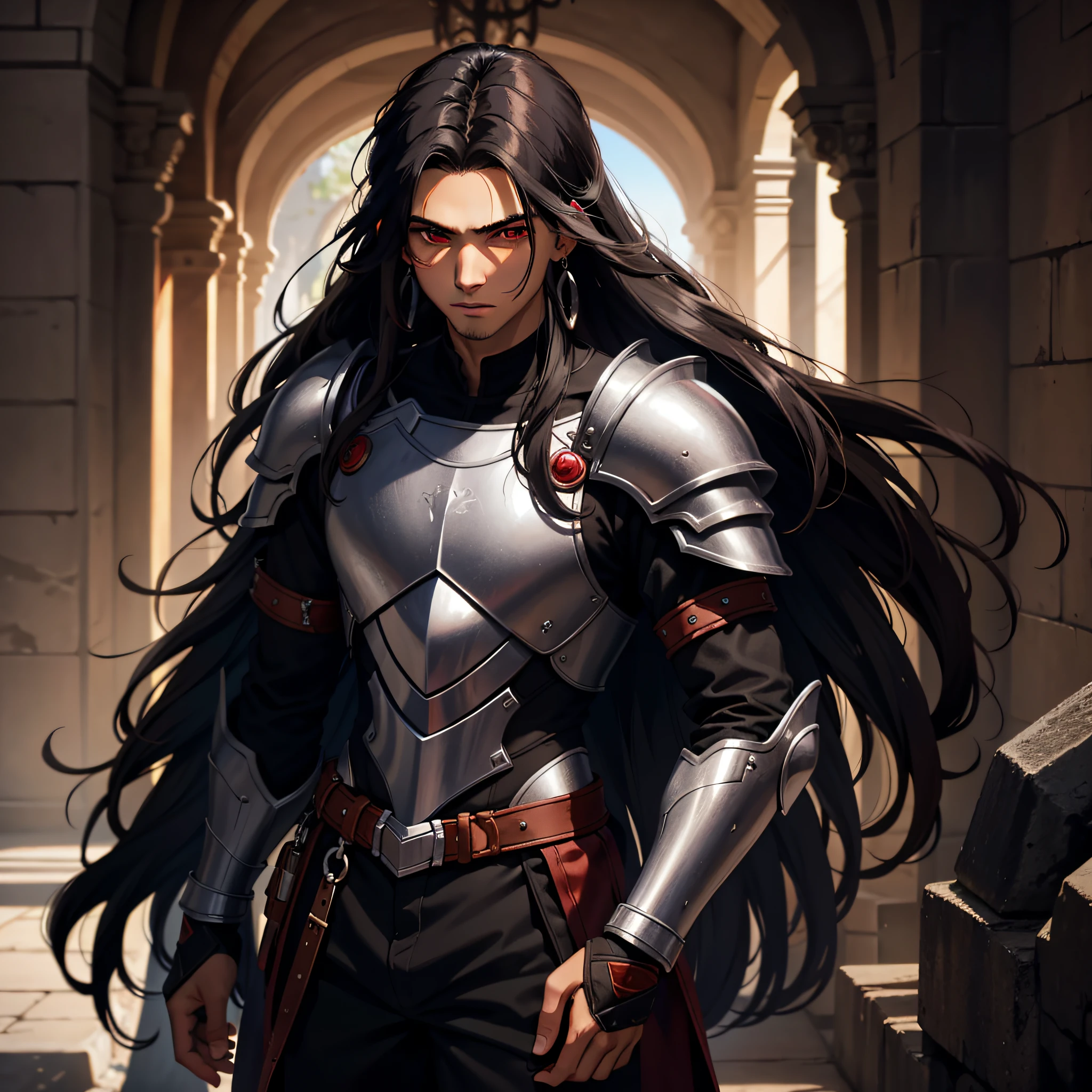 Brown man, 20 years old, red eyes, black hair, long length hair, earrings, wearing a dark armor