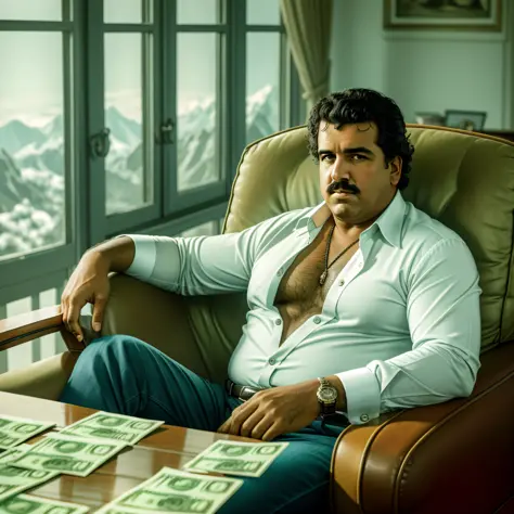 Pablo Escobar, Pablo Escobar, Mountains of money, money in the background, dollars in piles, Pablo Escobar in an armchair Pablo ...