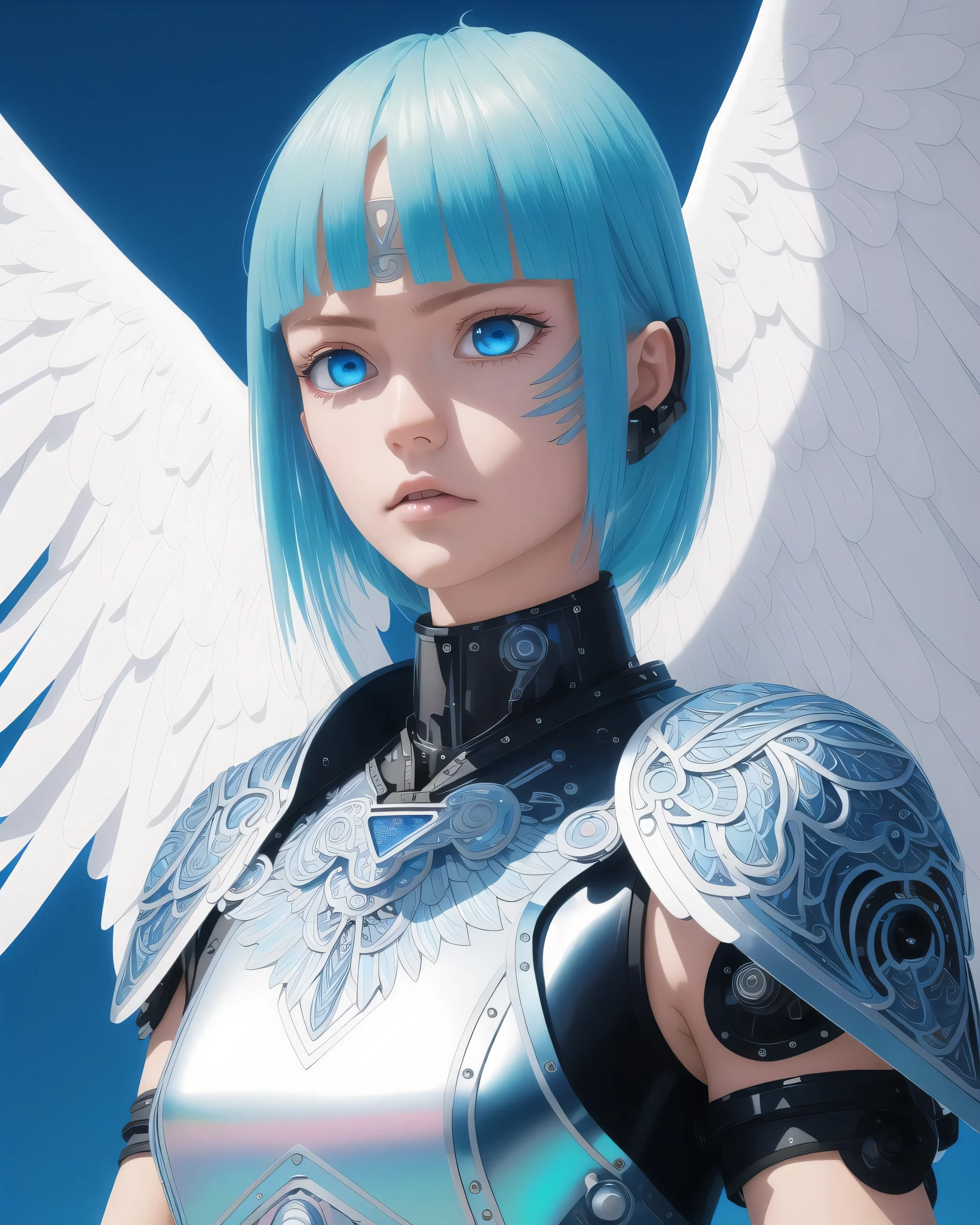 bangs! robot arms! hand drawn! by kai! blue lightning! angel wings, iridescent! closeup! light baby blue hair, cloud background, masterpiece, cyborg, 19 year old female, by Franois Quesnel, best quality, epic, cinematic! sharp focus, 8k, extremely detailed swords! photo realistic, swords! pale, outstanding,extreme detail, scifi body suit collar, by mike winkelmann beeple, style of Artgerm and WLOP and Ilya Kuvshinov, outstanding (pink face war paint:1.2)
wanostyle mksk style female wearing full body multiple stitched layer (leather armor, angel wings! blue eyes, white metal body! over saturated, fabric with intricate pattern:1.3)