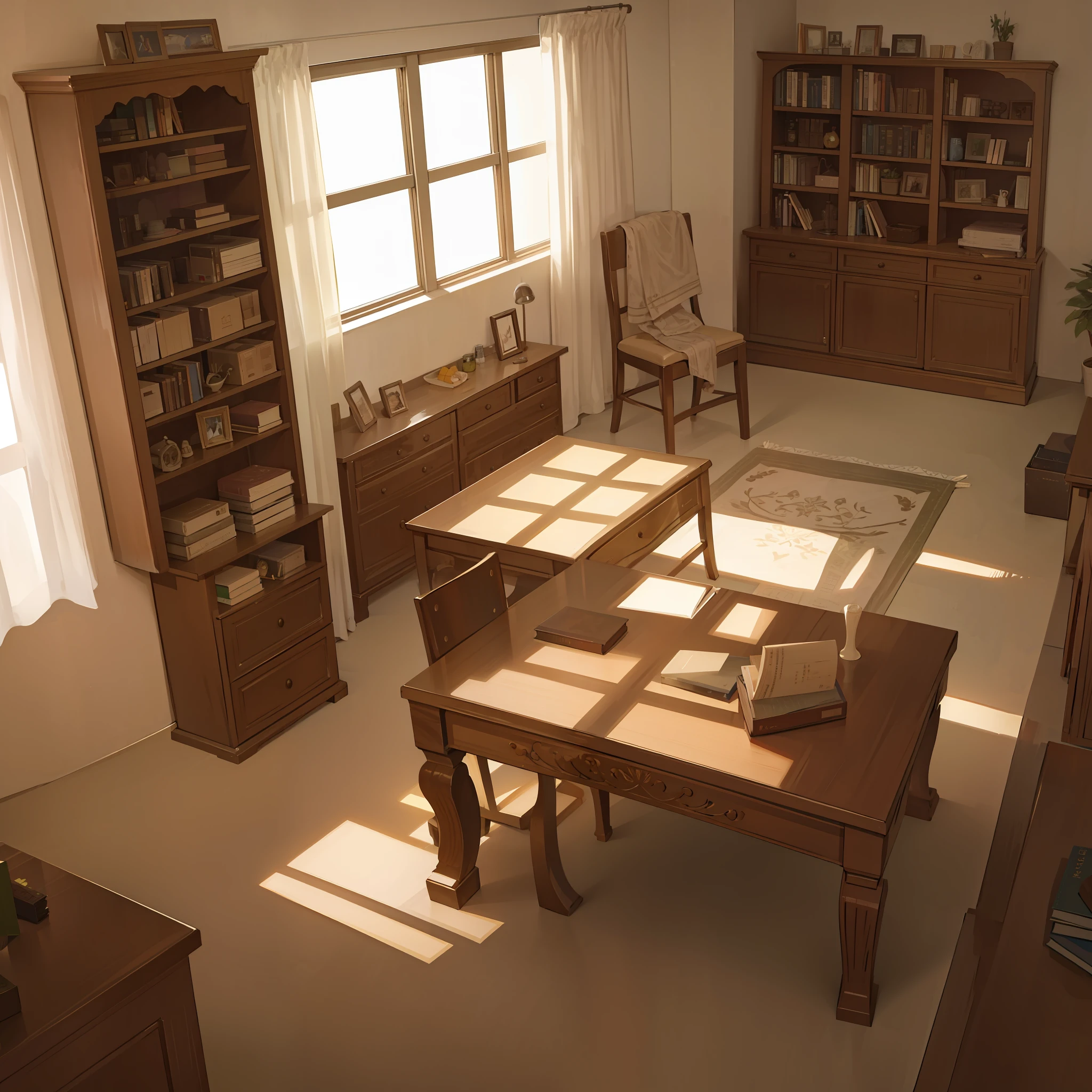 In one room, with a lot of books on the back, on the left is the living room, and the living room has a table and chairs