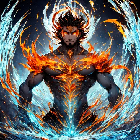 The God of fire and water is a majestic figure with distinct characteristics of both elements. Its right half is made of burning...