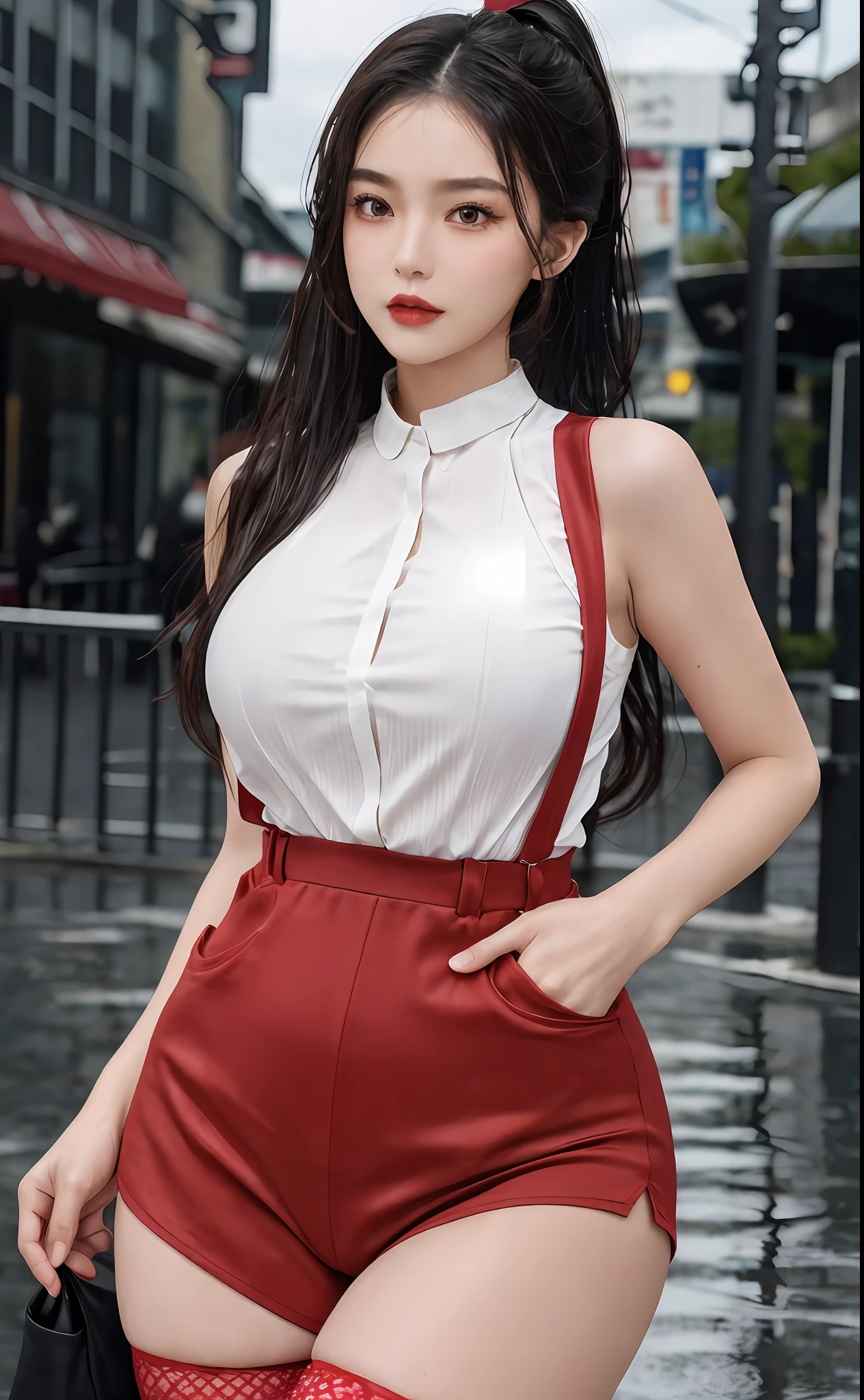 (masterpiece, realistic, high resolution), ((1 girl): 1.2), Korean, ((white wavy hair): 1.3), (heterochromic eyes: 1.1, thick eyebrows,), (medium breasts: 1.2, small waist, thighs), catwalk walk, masterpiece: 1.2, best quality), realism, (real pictures, rich detail details, depth of field), (1 girl, solo), makeup, high detail, perfect face shape, (: 1.4), (skin dents), thick thighs, wide hips, thin waist, high, coral, red lips, red eyes, ponytail, (sweat: 1.2), (wet), sexy, blush, (shy expression),  Vests, suspenders, belly pockets, stockings, fishnet socks,