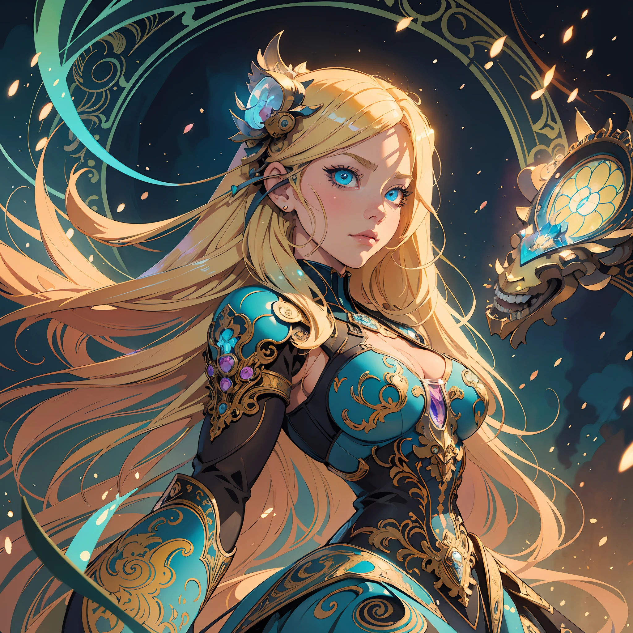 a close up of a AVRIL LAVIGNE with long blonde hair and blue eyes, detailed digital anime art, artgerm on artstation pixiv, digital anime illustration, artgerm. anime illustration, fantasy art style, alphonse mucha and rossdraws, artgerm. high detail, extremely detailed artgerm, anime fantasy illustration, digital anime art, beautiful anime art style, chromic aberration, action packed,light placement art, luminism, maximalism, intricate complex painting matrix, ultra high contrast, detailed busy painting matrix, wide angle lens, bioluminescence, bouncing lighting, intricate reflections, best shadows, best lighting, best postprocessing, artistic filters, ambient occlusion, romanticism