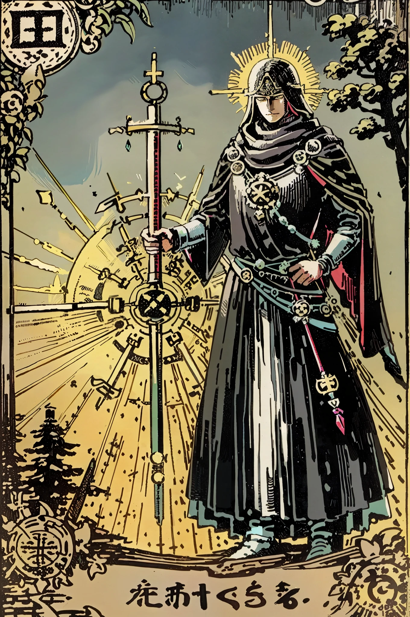 tarot card, the Sage, man (Warrior, sign of Libra), bindle, stick with balance of wisdom and evil, forest, Dark, terror, black sun, dark forest, skulls, magic, divine jewels and props, dynamic action poses, divine armor