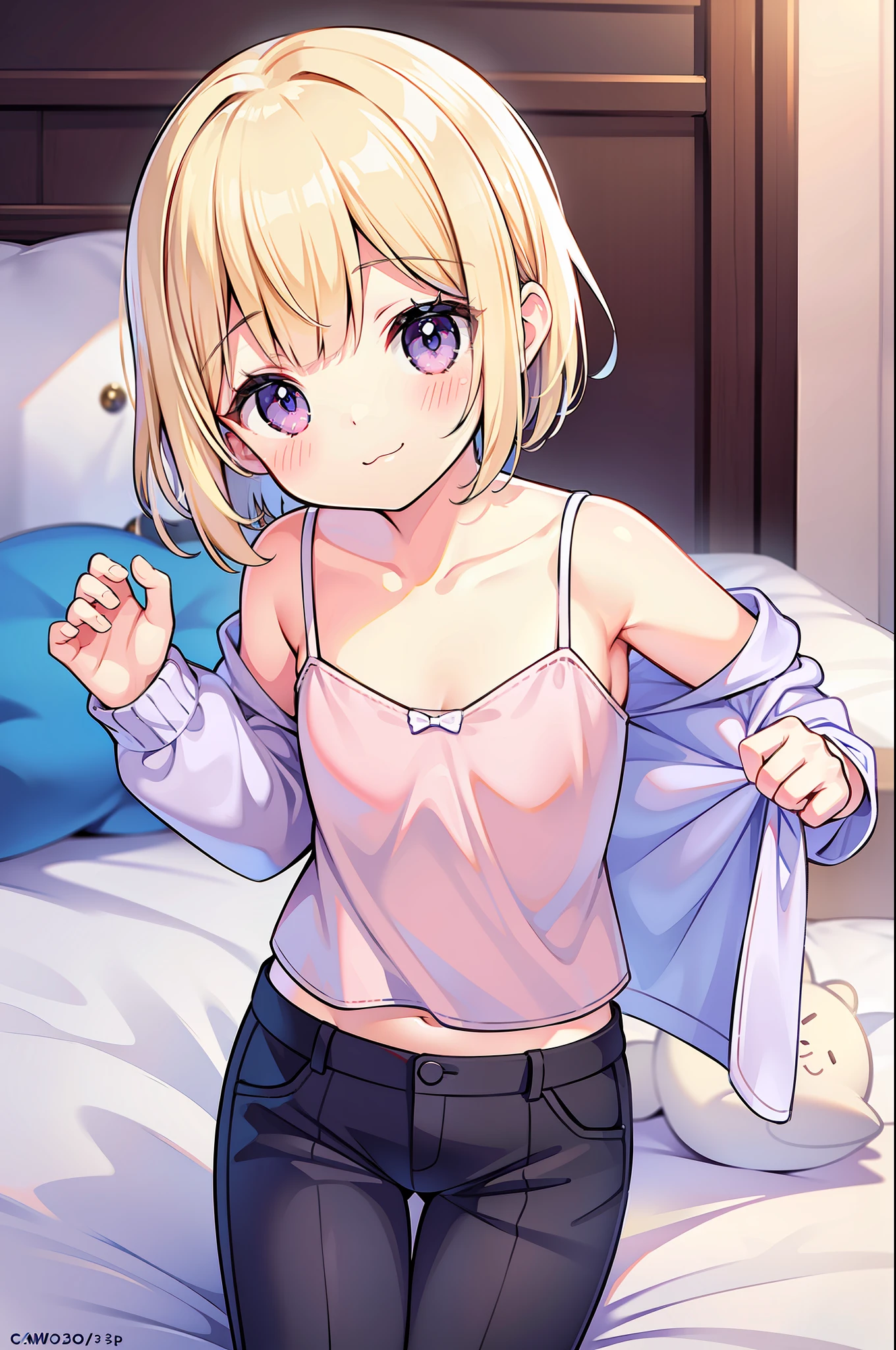  figure, shorthair, blonde, light purple eyes, smile,: 3, camisole, trousers, sleeping on bed