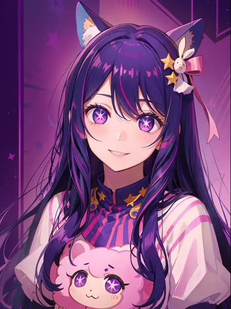 Ai Hoshino, Long hair, Purple hair, Striped hair, Purple eyes, Star-shaped eyes, Hair ornament, Smile, Naughty face, (pink cute ...