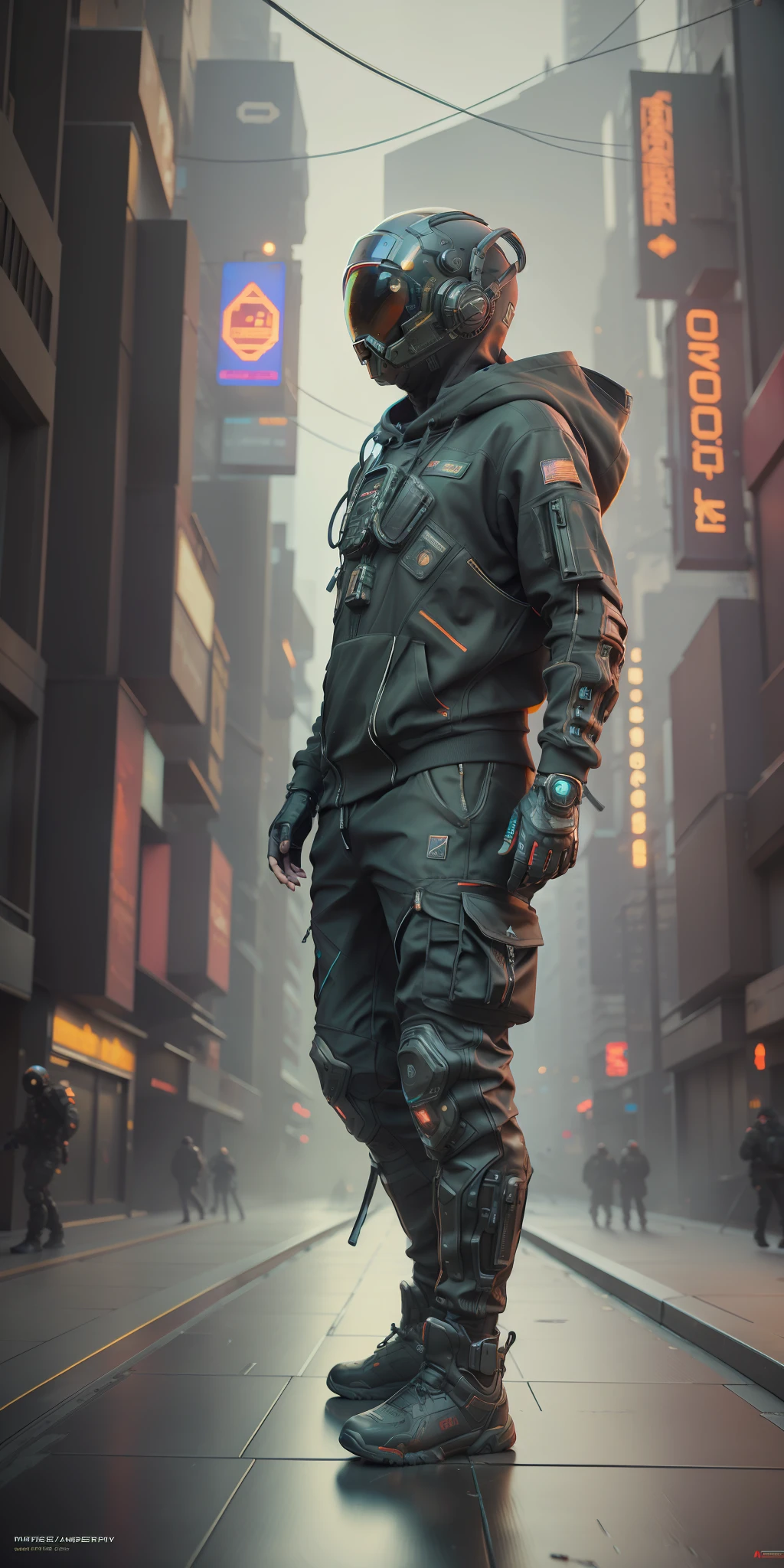 (chef-d&#39;œuvre, photo de tout le corps, complexe raw photography) Citoyen cyberpunk, sweat à capuche noir oversize confortable, pantalon cargo noir, vêtements noirs, sombre, portant un casque noir style hitech Astronaut, complexe, Futuriste, technologie avancée, sombre environment, Spectaculaire, Lumière et ombre, cinématique, film d&#39;action, acuité, position détendue aléatoire, ville cyberpunk, lampadaires, sombre street, nuit, photo instantanée, photo de l&#39;année, rendu d&#39;octane, substance, Maya 3D,  cinéma4d, tendance de la station artistique, Tendances de l’art déviant,