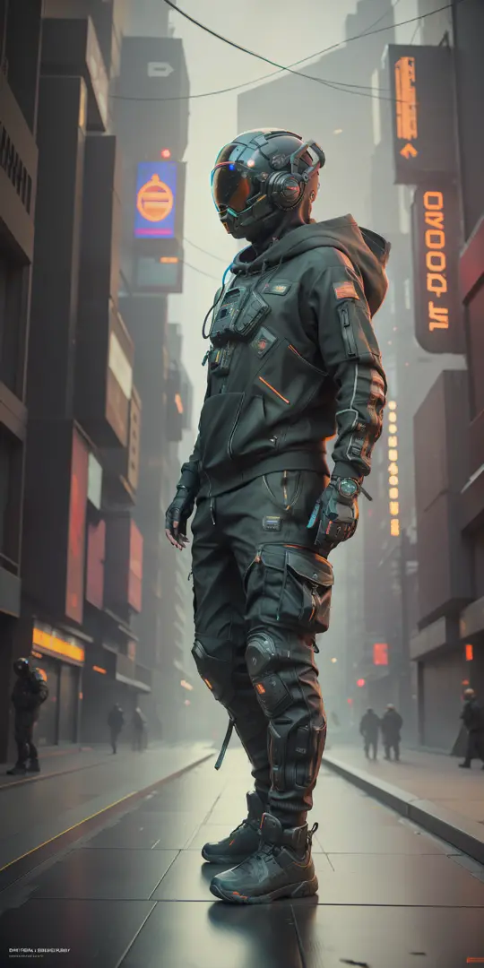 (masterpiece, full body shot, intricate raw photography) cyberpunk citizen, comfortable oversize black hoodie, black cargo pants...