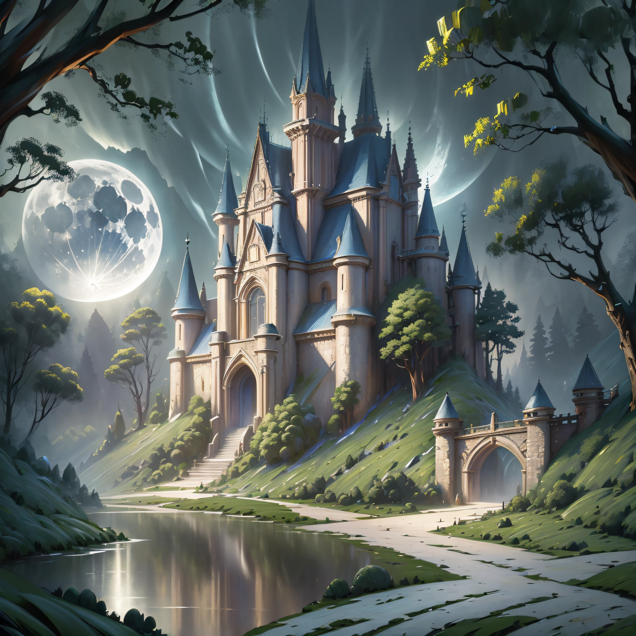 (((Masterpiece)))), high quality, ultra-detailed, Disney style, full moon, lush forest, trees, a small stream, exotic beings, stone path with small plants and branches, a castle high on the mountain, silver moonlight, vibrant texture, a magical tone and an 8k resolution. --auto --s2