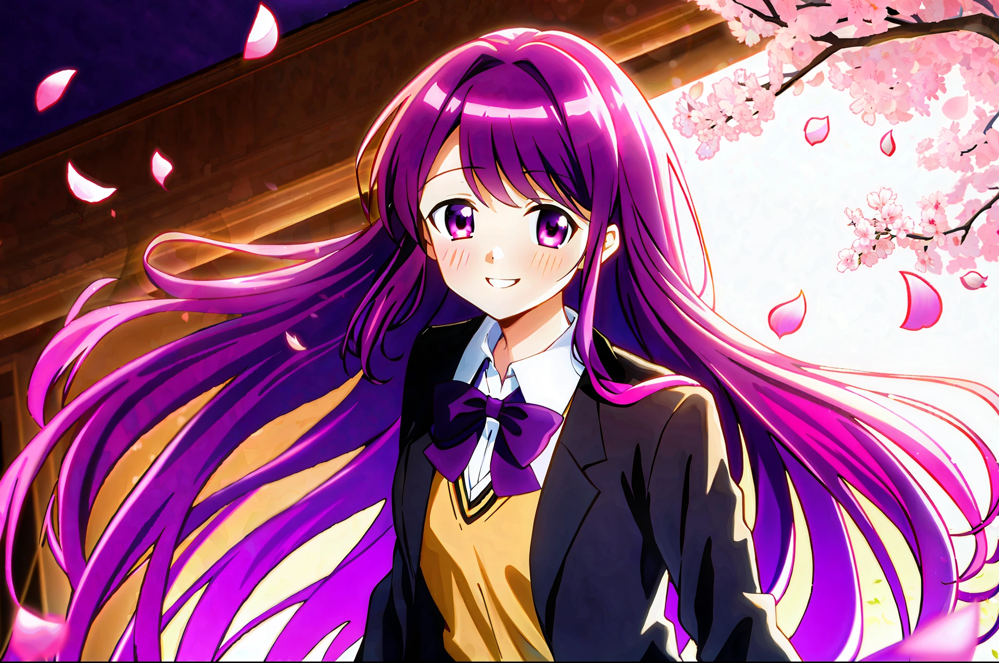 masterpiece, best quality, highres, game cg, 1girl, kubo nagisa, purple hair, purple eyes, smile, school uniform, cherry blossoms, petals, flying petals, wind