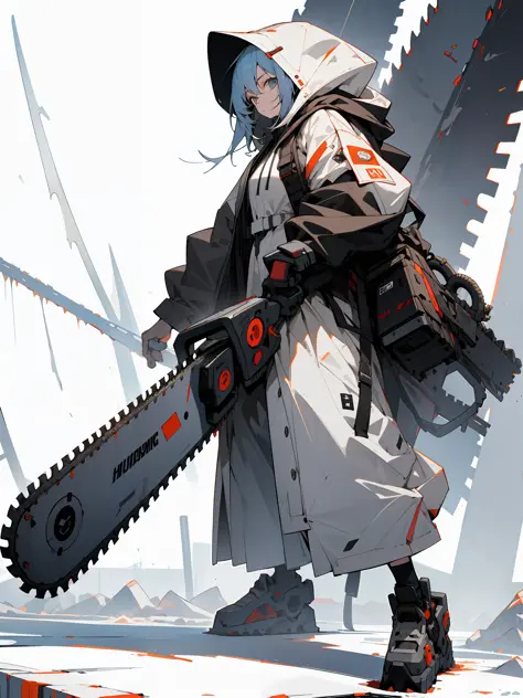 absurdres, highres, ultra detailed,
1girl,oversized hooded jacket,full body,
holding checanical chainsaw,