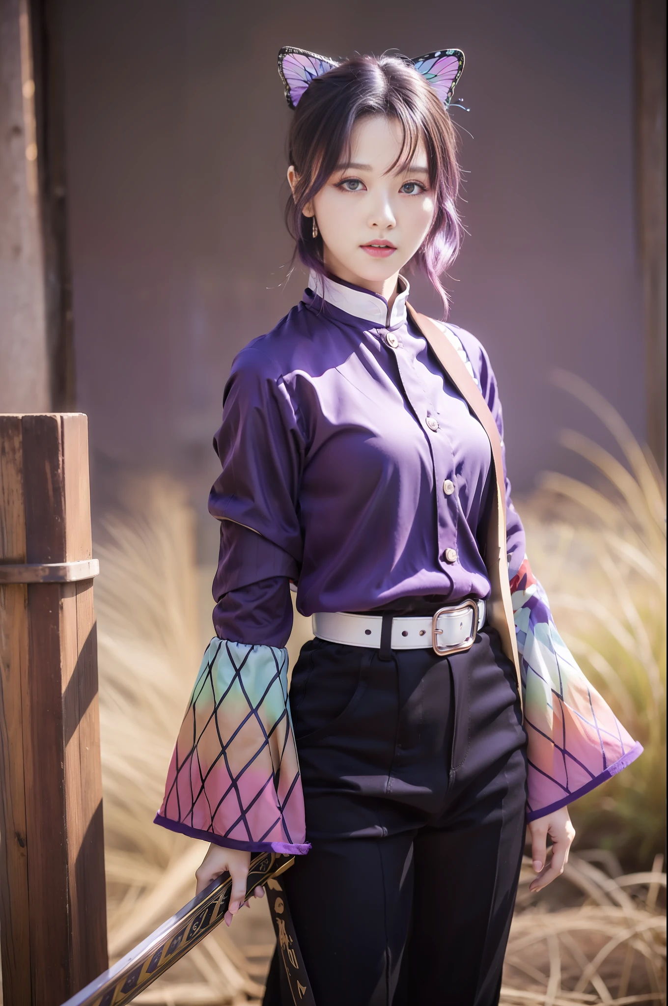 masterpiece, best quality, highres, 1girl, solo, kochou shinobu, butterfly hair ornament, purple eyes, multicolored hair, short hair, parted bangs, haori, wide sleeves, long sleeves, black pants, black jacket, belt, cowboy shot, holding weapon, sword