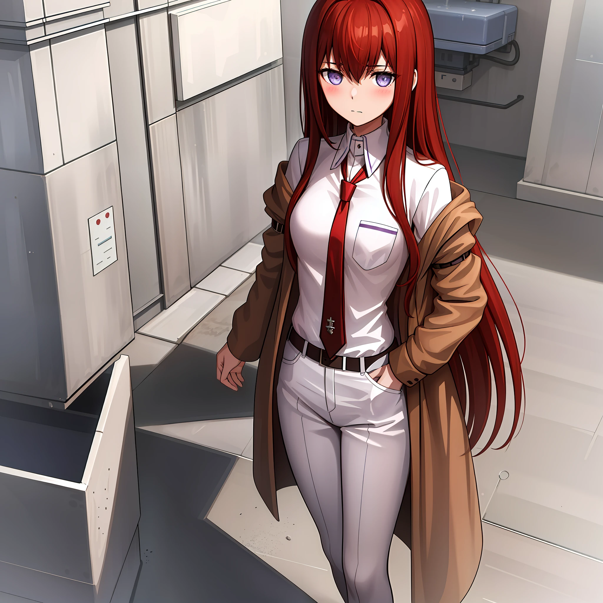 ((masterpiece,best quality,ultra detailed,8k)),brown_hair,collared_shirt,jacket,long_sleeves,makise_kurisu,standing,red_necktie,solo,1girl,white_shirt,perfect face,red_hair,purple_eyes,((blush)),upper body,(close_mouth)