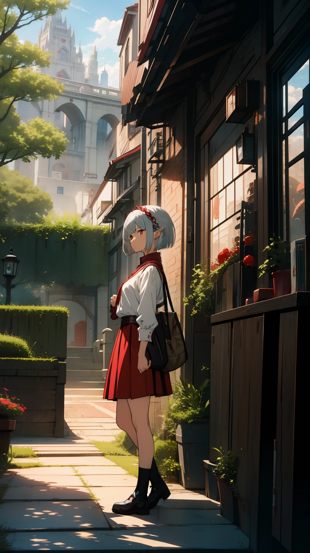 1 girl and dragon, dragon, elf, silver hair, bob cut, braid, red eyes, mini skirt, dragon charmer, concept art, beautiful anime scene, beautiful anime scenery, top rated on pixiv, highest quality, 4K