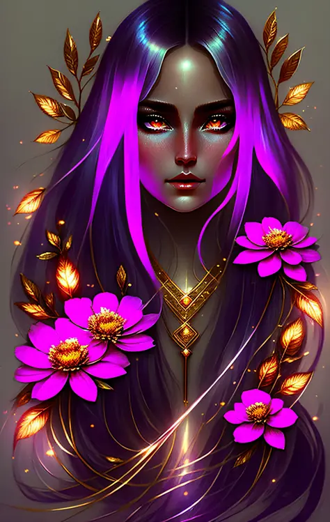 (symmetry: 1.1) (floral portrait: 1.05) a woman like a FOREST FAIRY, (assassins creed style: 0.8), pink and gold and opal color ...