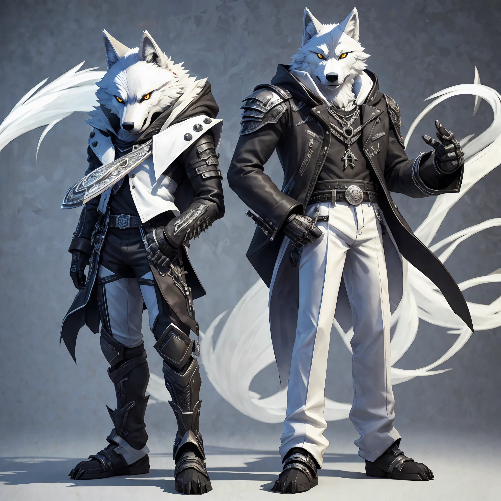 Charakter steht und freut sich, (Wolf) weiß anthropomorph, mit schwarzer Jacke, Metallkopf, rocker, Musiker, böser Bub, Niedlich, Niedlich, kurz::2, Dreamworks-Cartoon, 3D-Malerei