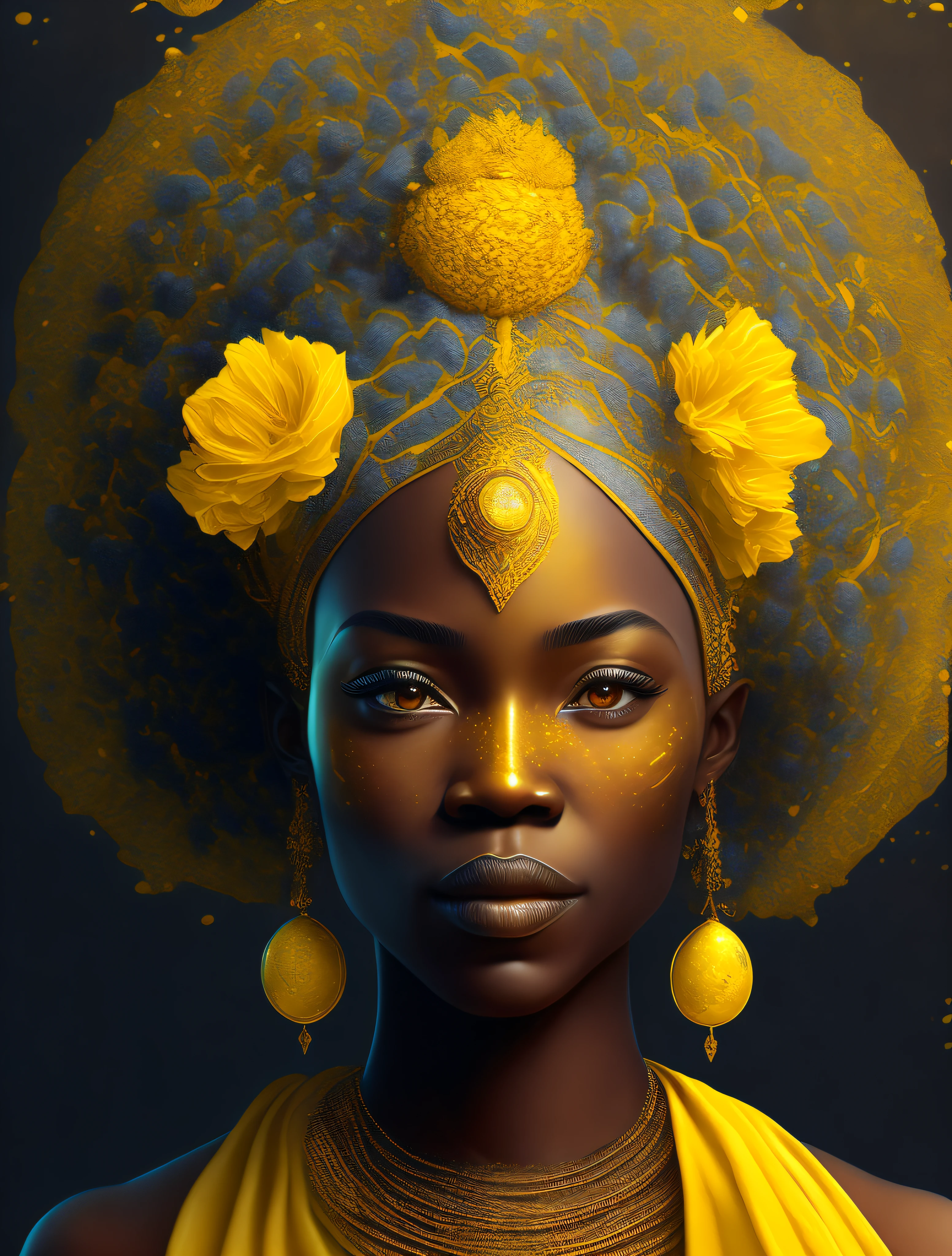 Oxun the African orisha wearing a detailed and intricate ade, yellow, goddess of fertility, sweet look, sweet countenance cosmic goddess, queen of sweet water, astrophotography