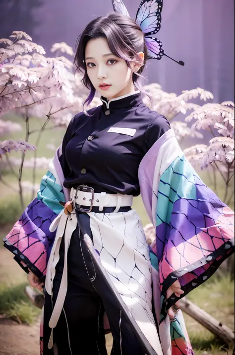 masterpiece, best quality, highres, 1girl, solo, kochou shinobu, butterfly hair ornament, purple eyes, multicolored hair, short ...