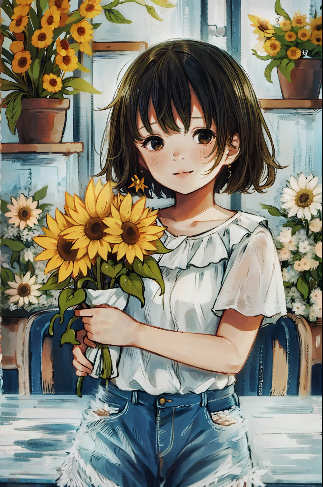 A young girl holds a blooming sunflower in her hand, smiling and ready to celebrate her birthday. On the table was a beautiful cake with the words "Happy Birthday!" ". Behind her, a row of green plants and flowers adds more color and breath to this special moment. Her eyes sparkle with happiness and gratitude, white skin, short hair, black hair, pink short sleeves, jeans,