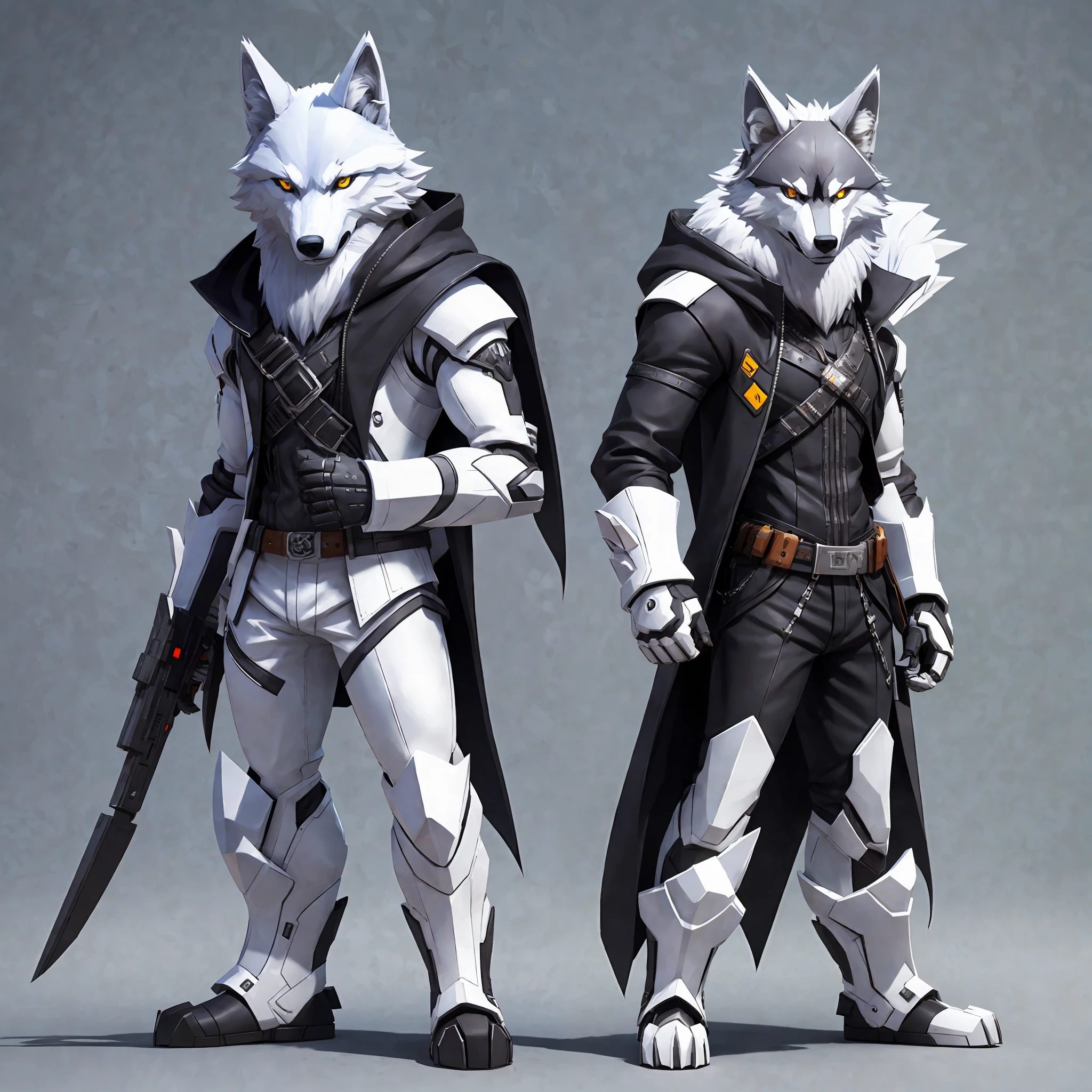 Charakter steht und freut sich, (Wolf) anthropomorphes Weiß, mit schwarzer Jacke, Metallkopf, böser Bub, Niedlich, Niedlich, kurz::2, Dreamworks-Cartoon, 3D-Malerei