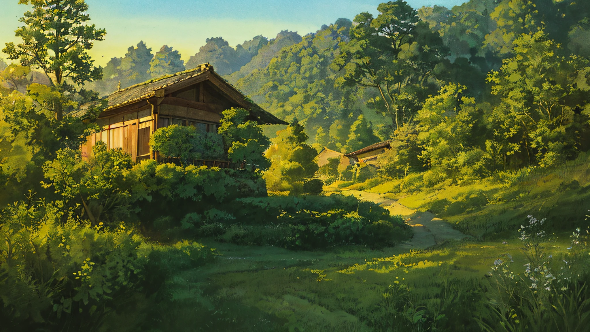 outdoor in the golden hour
Background Ghibli style village,
(fujifilm 16k) ,hyperrealistic, intricate detail, autolevel, dark, art nouveau, dramatic, desaturated, (expansive), intricate