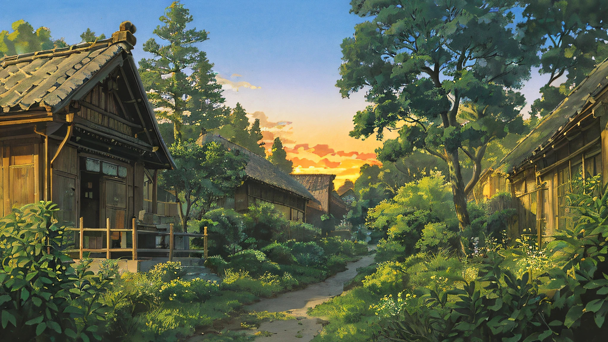 ゴールデンアワーの屋外 背景 ジブリ風の村,
(富士フイルム 16K) ,超現実的な, 複雑な detail, オートレベル, 暗い, アール・ヌーボー, 劇的, 彩度が低い, (広大な), 複雑な