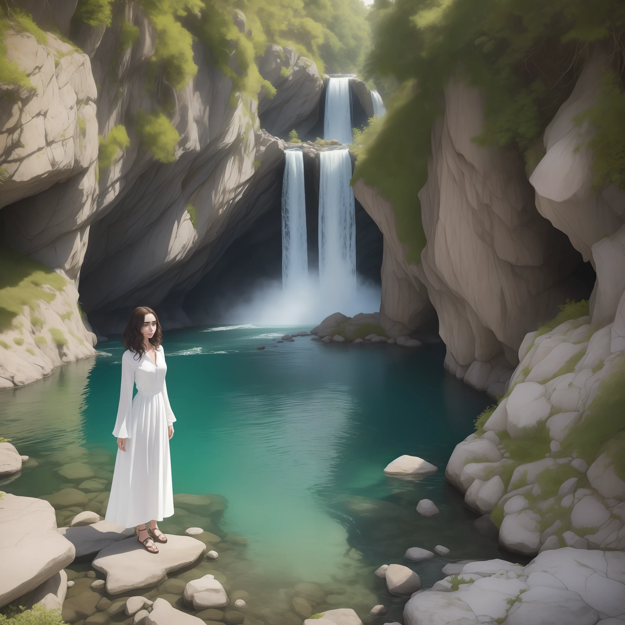 Lily Collins, who has black curly hair. wearing a simple white medieval dress with short sleeve neckline, the Neels Visser wears an unbuttoned white long sleeve shirt and has blonde hair. The couple is swimming in the river, the clothes and hair wet, the river is crystal clear, has rocks and a waterfall at the bottom. The image is extraordinary and beautiful