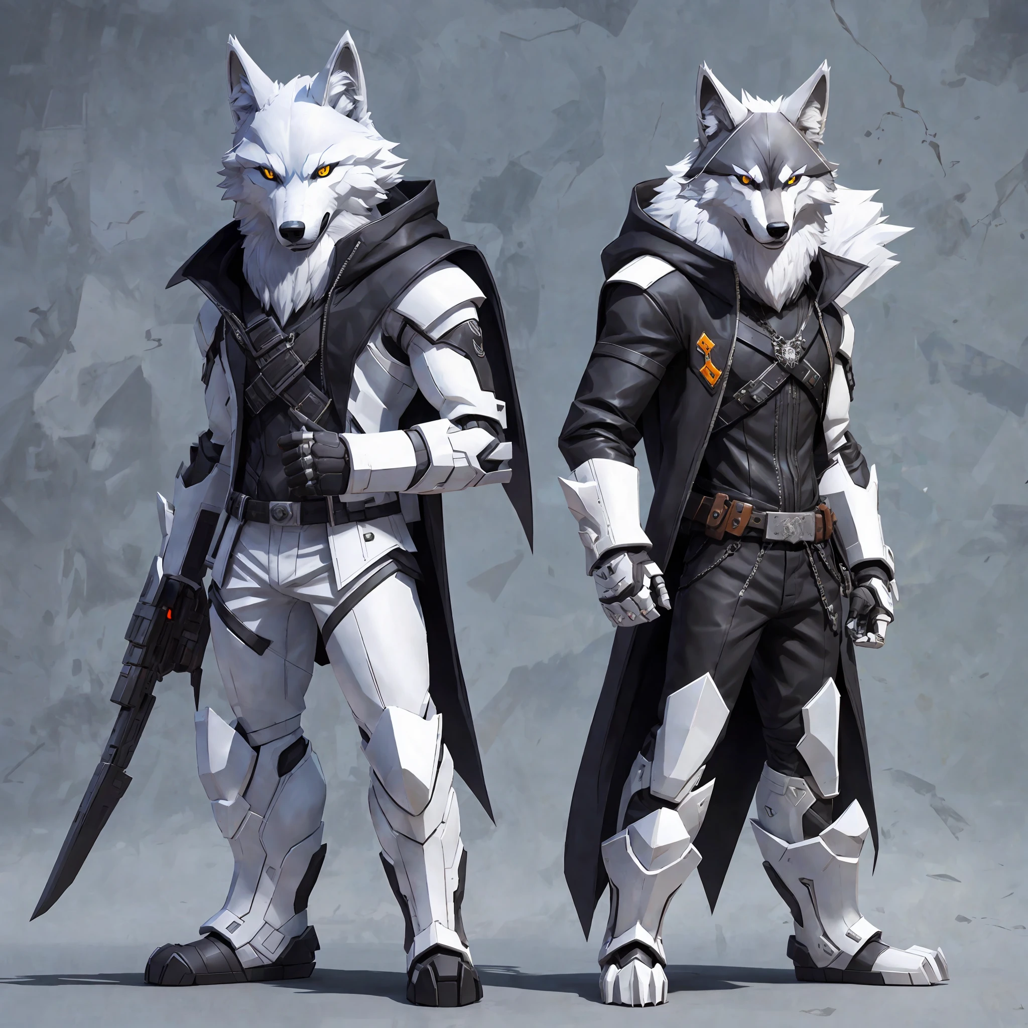 Charakter steht und freut sich, (Wolf) anthropomorphes Weiß, mit schwarzer Jacke, Metallkopf, böser Bub, Niedlich, Niedlich, kurz::2, Dreamworks-Cartoon, 3D-Malerei