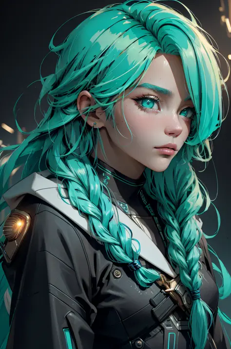 ((high quality:1.2, masterpiece:1.2)), 1girl, beautiful face, golden hour, (teal hair, teal eyes, waterfall braid), cyberpunk, f...