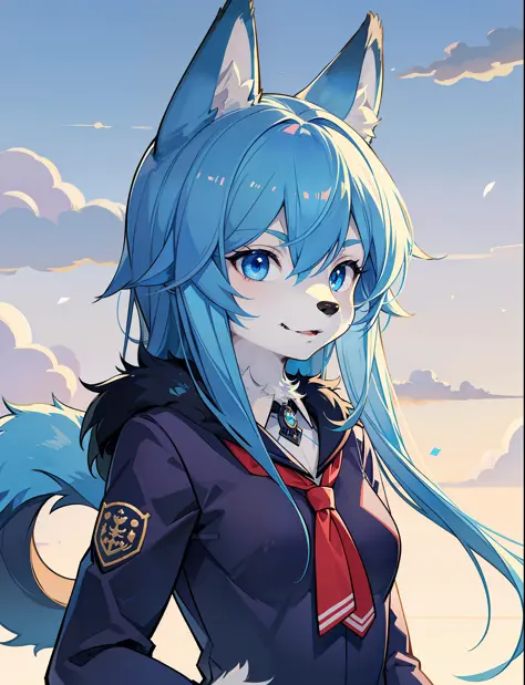 1girl, blue fur, wolf girl, small breasts, school uniform, portrait, simple background, (furry:1.5)