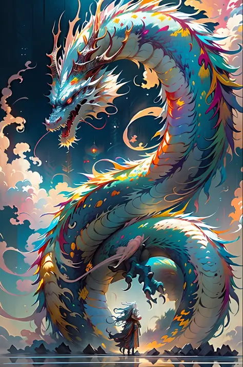 Best quality, masterpiece, super high resolution, Chinese dragon, (length: 1.2), (fine: 1.2), long hair, sharp teeth, red eyes, teeth, huge, bird, outdoor, standing, scales, clouds, horns, from behind, armor, sky, open mouth, confrontation, charge, monster...