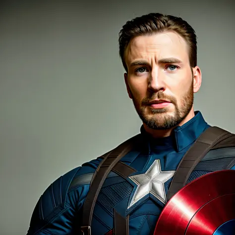 Portrait of the person of Chrisevans as Captain America, professional photography,