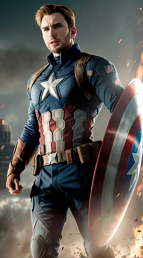 chris evans is Captain America, saving Earth to fight aliens, sharp focus, film lighting, best quality, masterpiece, dz/zhengshi, using the hammer mjolnir