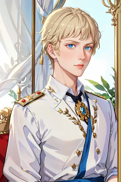 Portrait of a young emperor, Napoleon, Caesar, villain, blue eyes, short blond hair, emperor's robe, empire