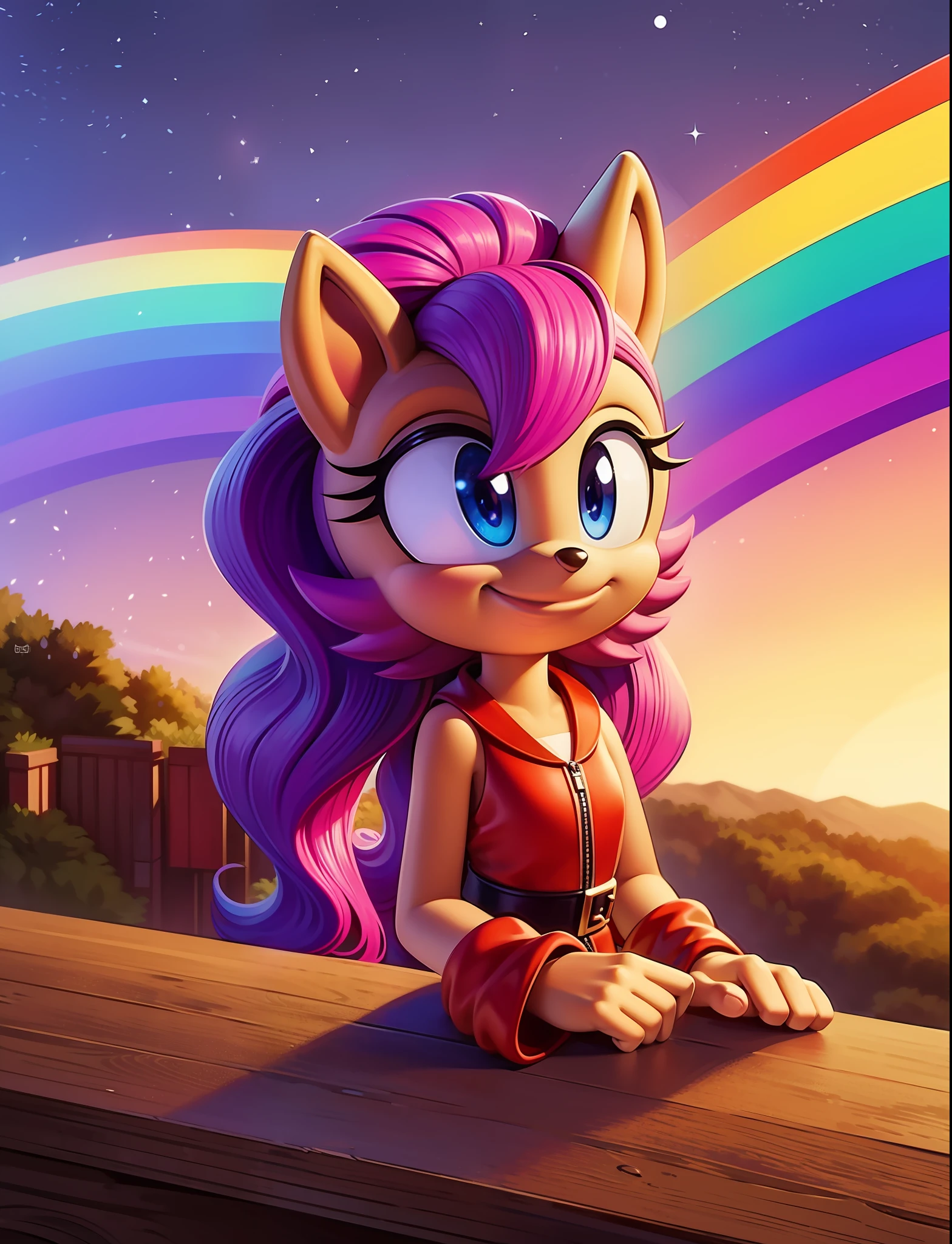 rating_safe,high quality,yellow fur,pony,score_9,alicorn,pink eye,long rainbow mane,smile