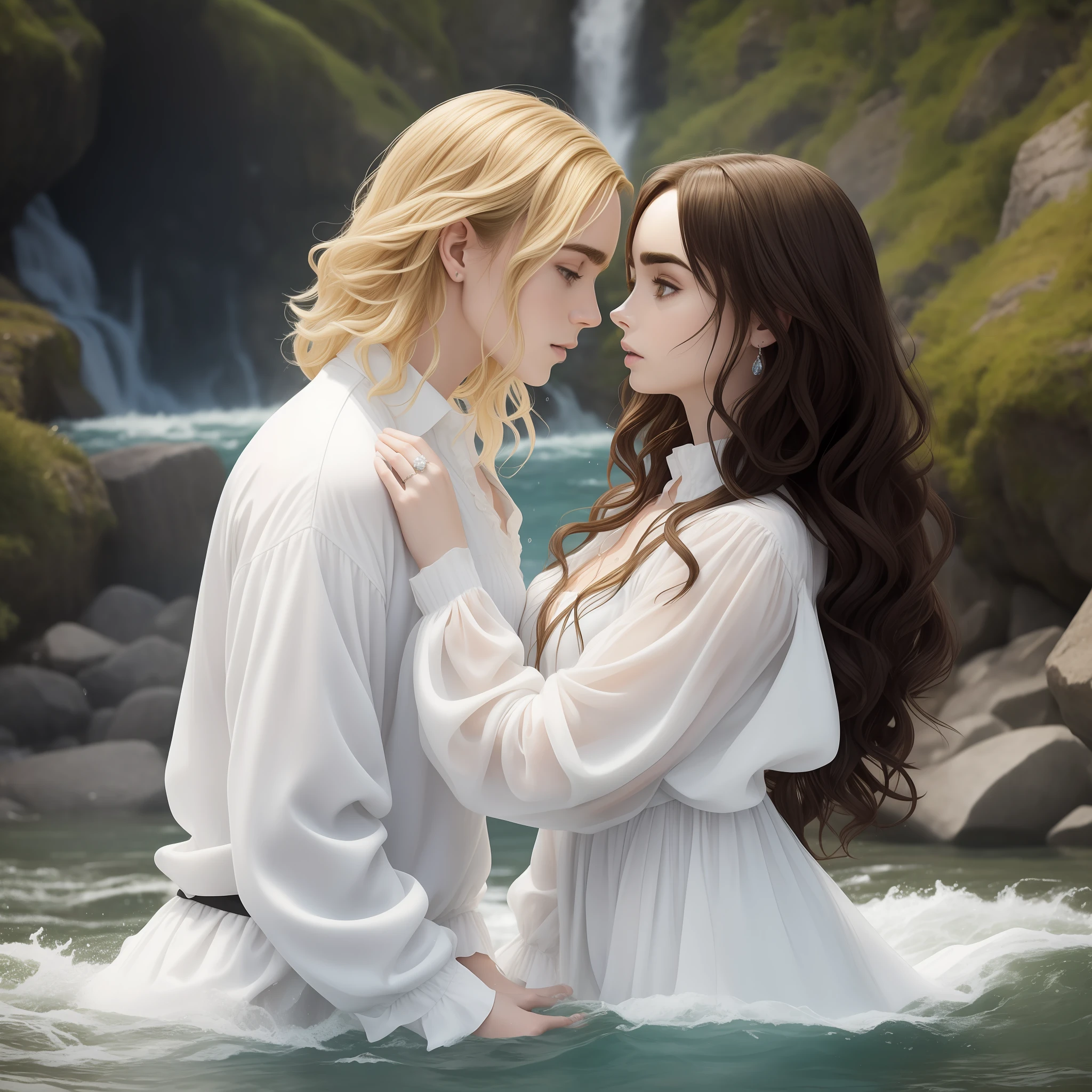 Lily Collins, who has black curly hair. wearing a simple medieval white sleeve puffy neckline, the Neels Visser wears an unbuttoned white buffalo long sleeve shirt and has blonde hair. The couple is swimming in the river, the clothes and hair wet, the river is crystal clear, has rocks and a waterfall at the bottom. The image is extraordinary