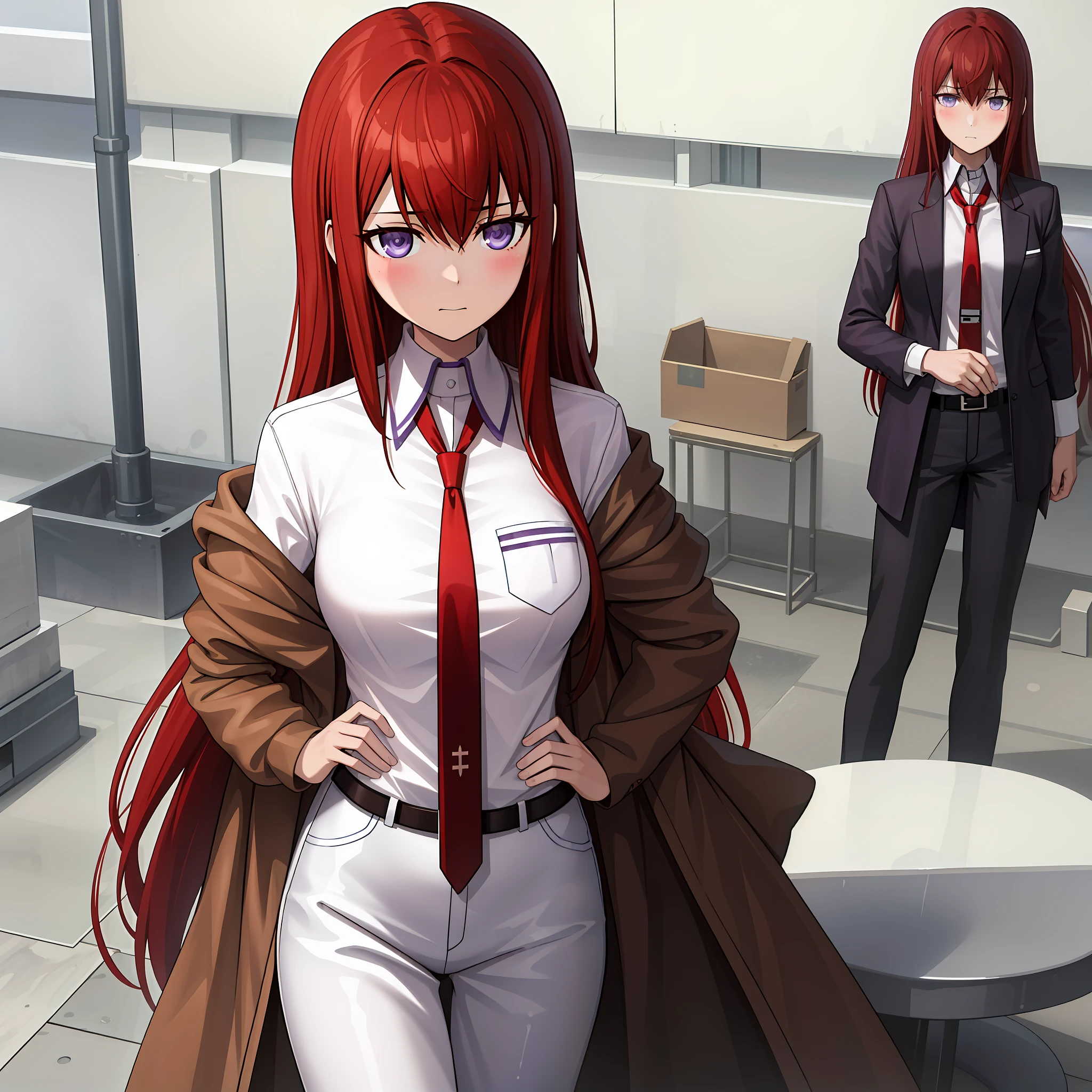 ((masterpiece,best quality,ultra detailed,8k)),brown_hair,collared_shirt,jacket,long_sleeves,makise_kurisu,standing,red_necktie,solo,1girl,white_shirt,perfect face,red_hair,purple_eyes,((blush)),upper body,(close_mouth)