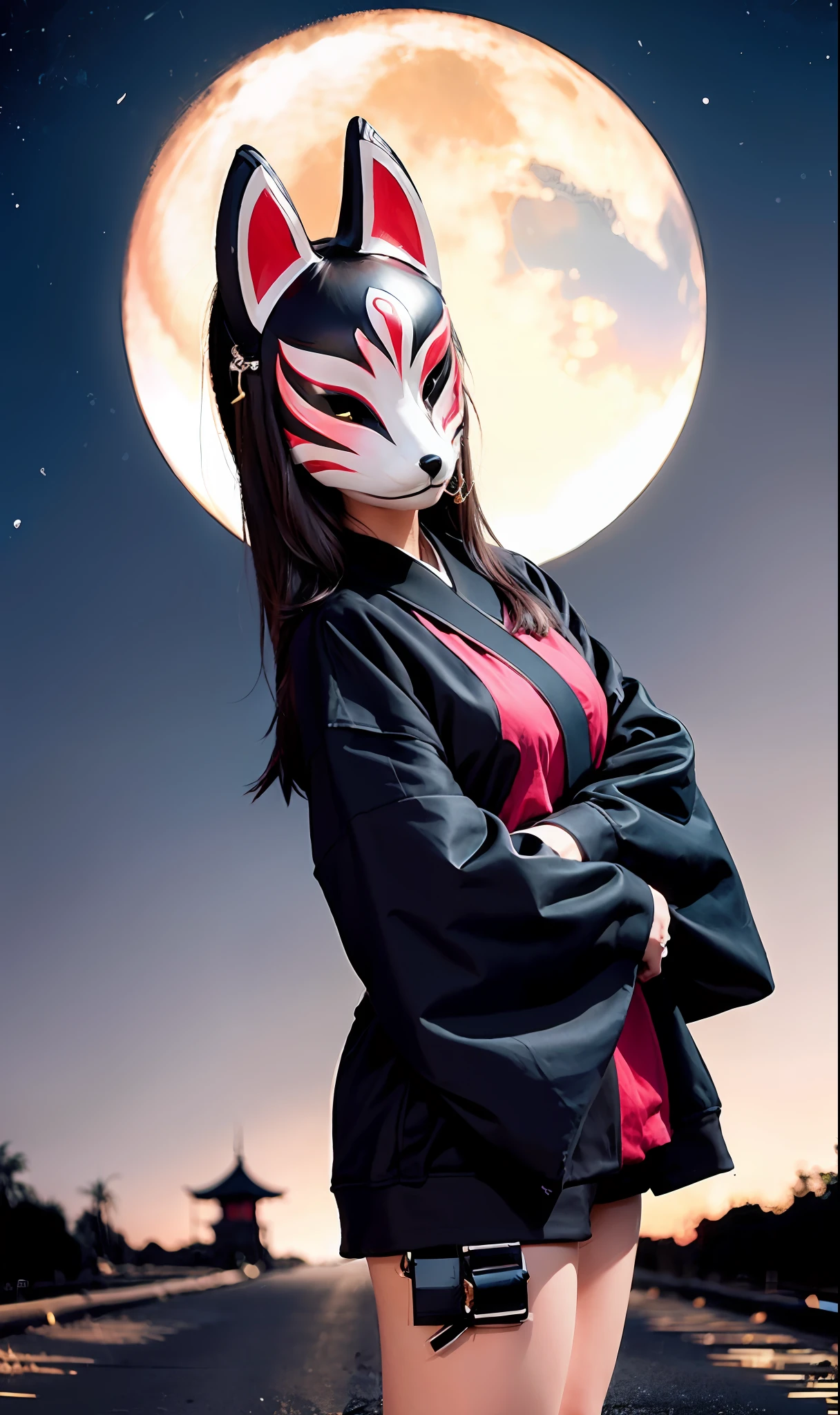 Fox Mask Person with fox mask on face, woman, jet black, long coat, shorts, red full moon, moonlit night, Japan castle