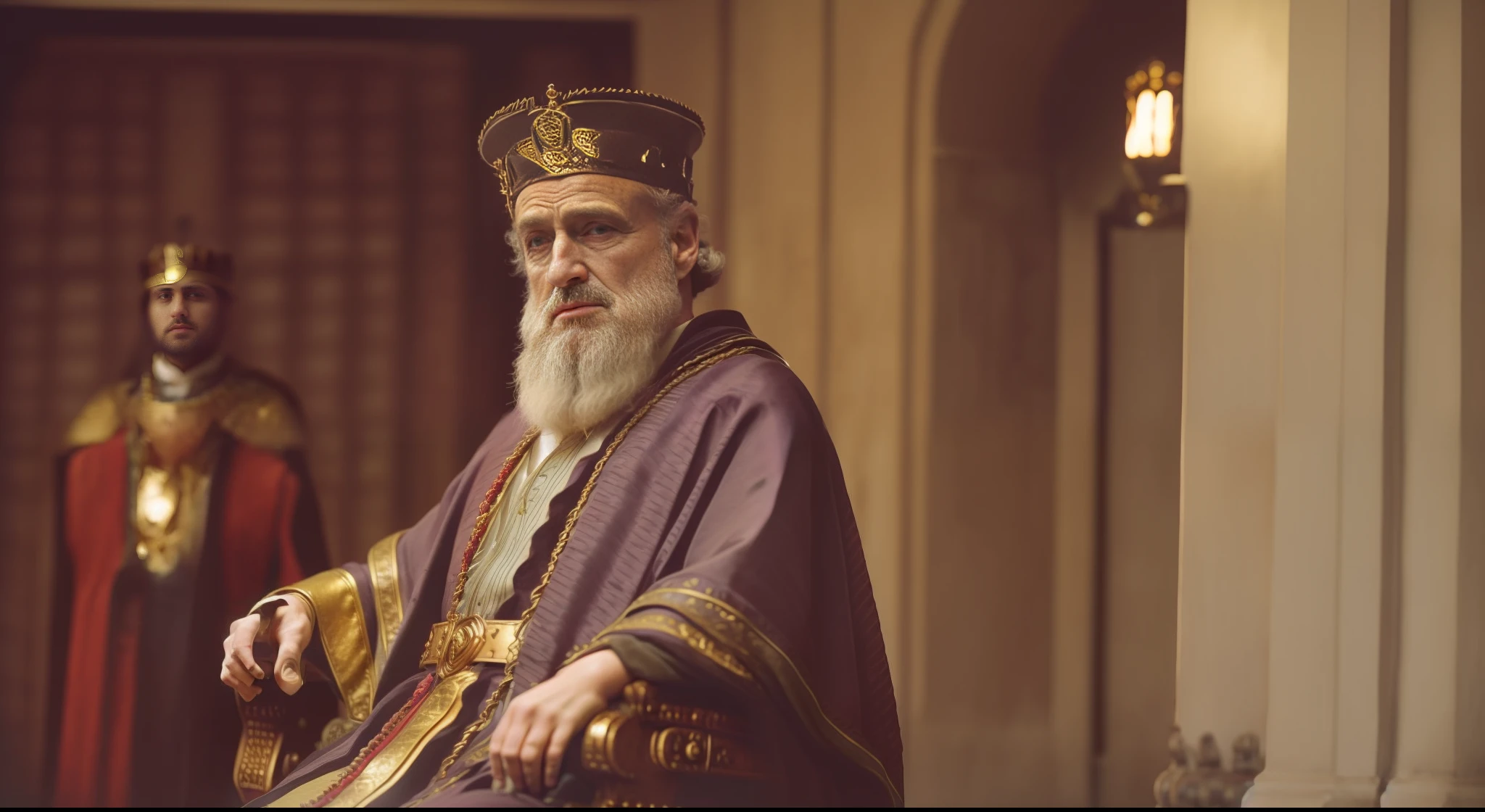 arafed man in a costume and a crown standing in a doorway, dressed as emperor, archimedes, clothed in ancient suit, ledmund leighton, portrait of a medieval old king, daniel, in dark robes with gold accents, bearded man seated on a throne, king, portrait of emperor of mankind, on a dark background